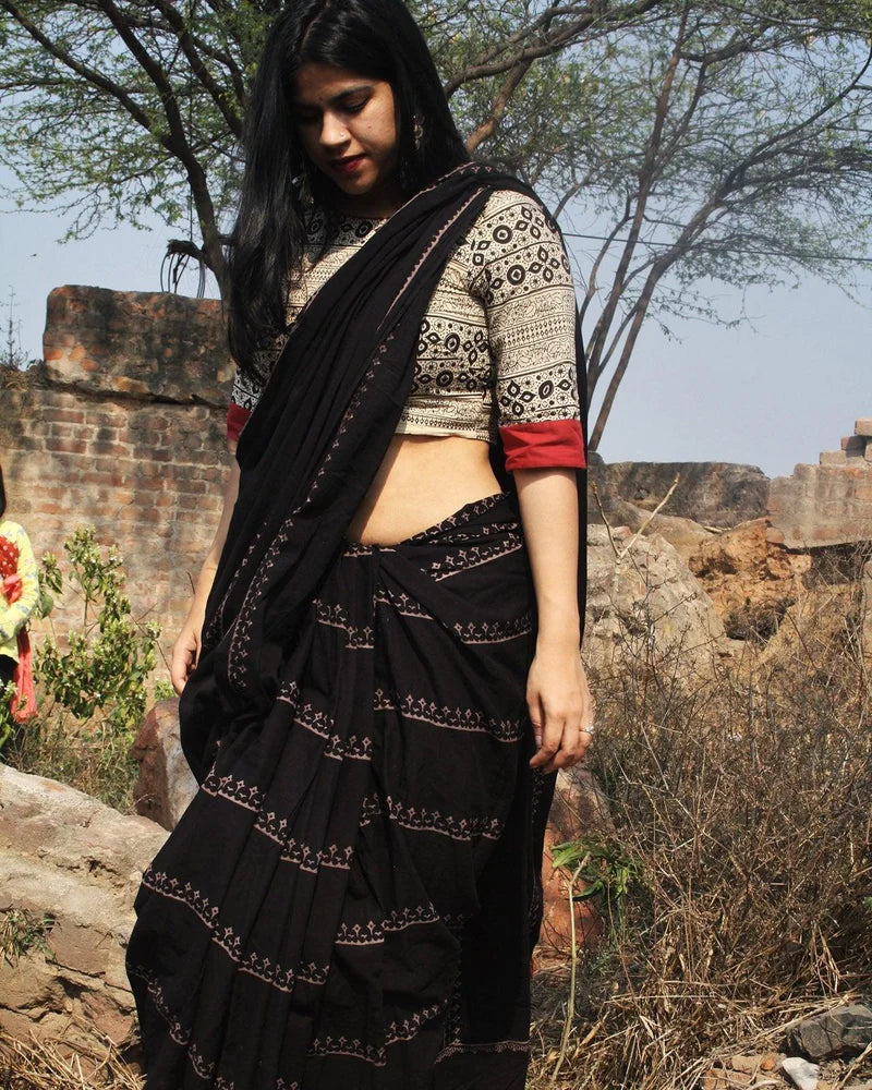 Black Block Printed Cotton Mul Saree