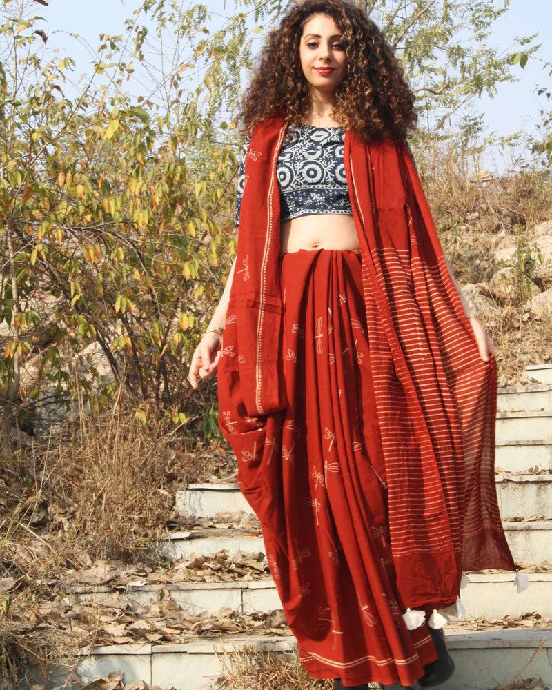 Dragonfly Love Handblockprinted Cotton Saree