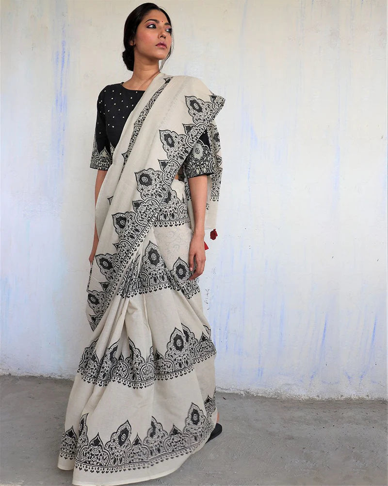 Ivory Black Block Printed Cotton Mul Saree - God