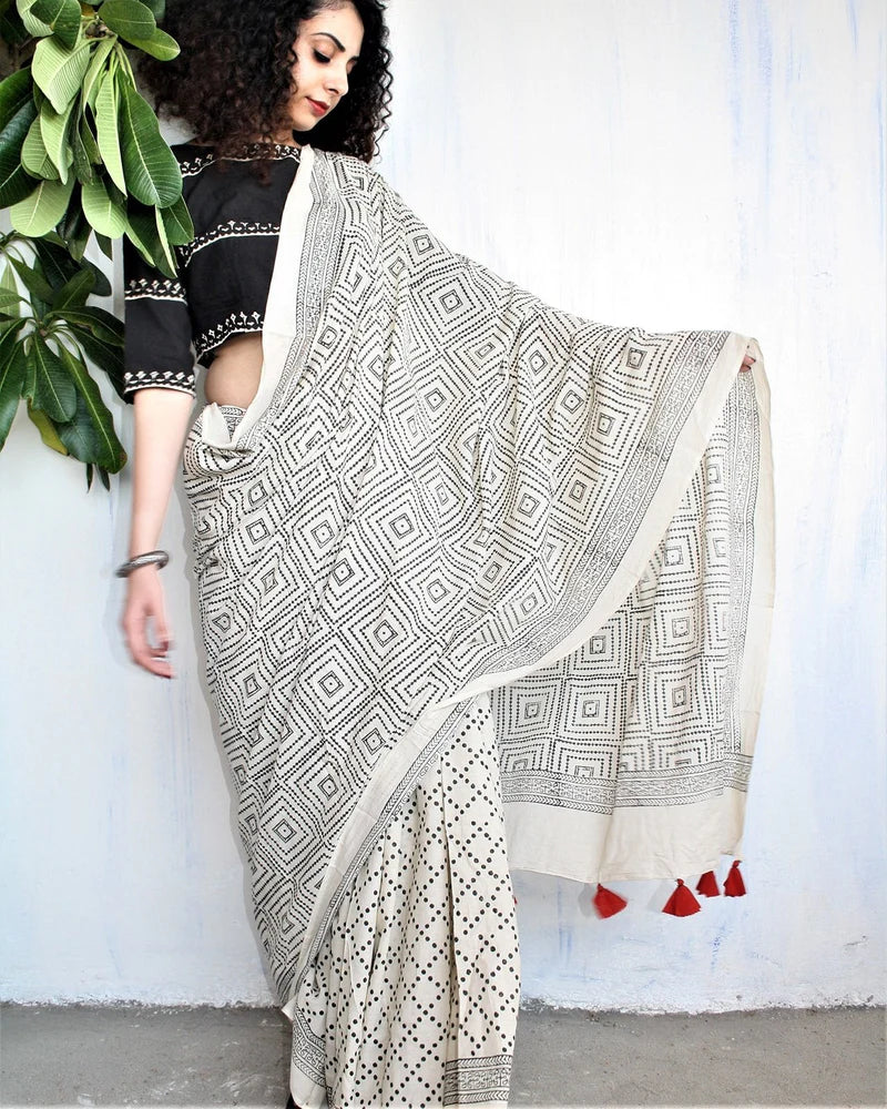 Ivory Black Block Printed Cotton Mul Saree