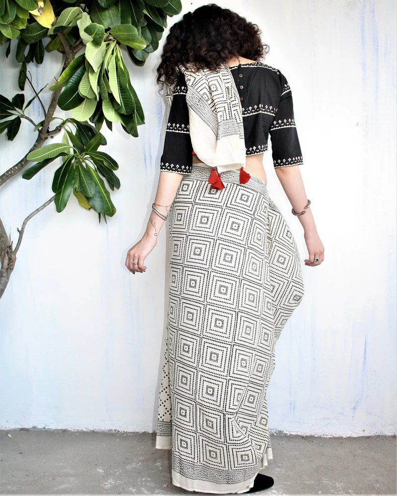 Ivory Black Block Printed Cotton Mul Saree