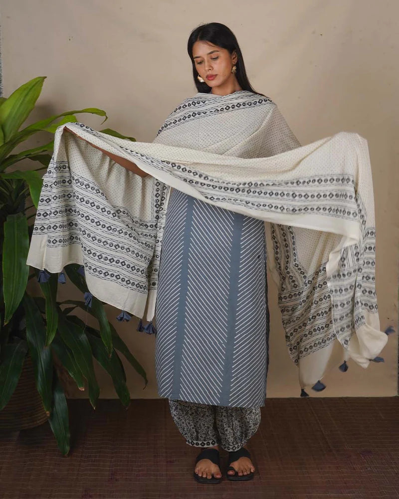 Mirror Grey Ivory Block Printed Dupatta - BMS