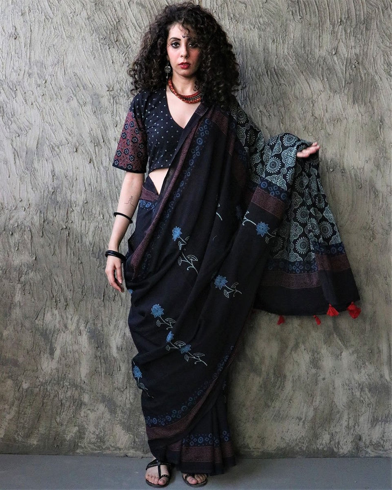 Oriana Handblockprinted Cotton Saree - Kohl